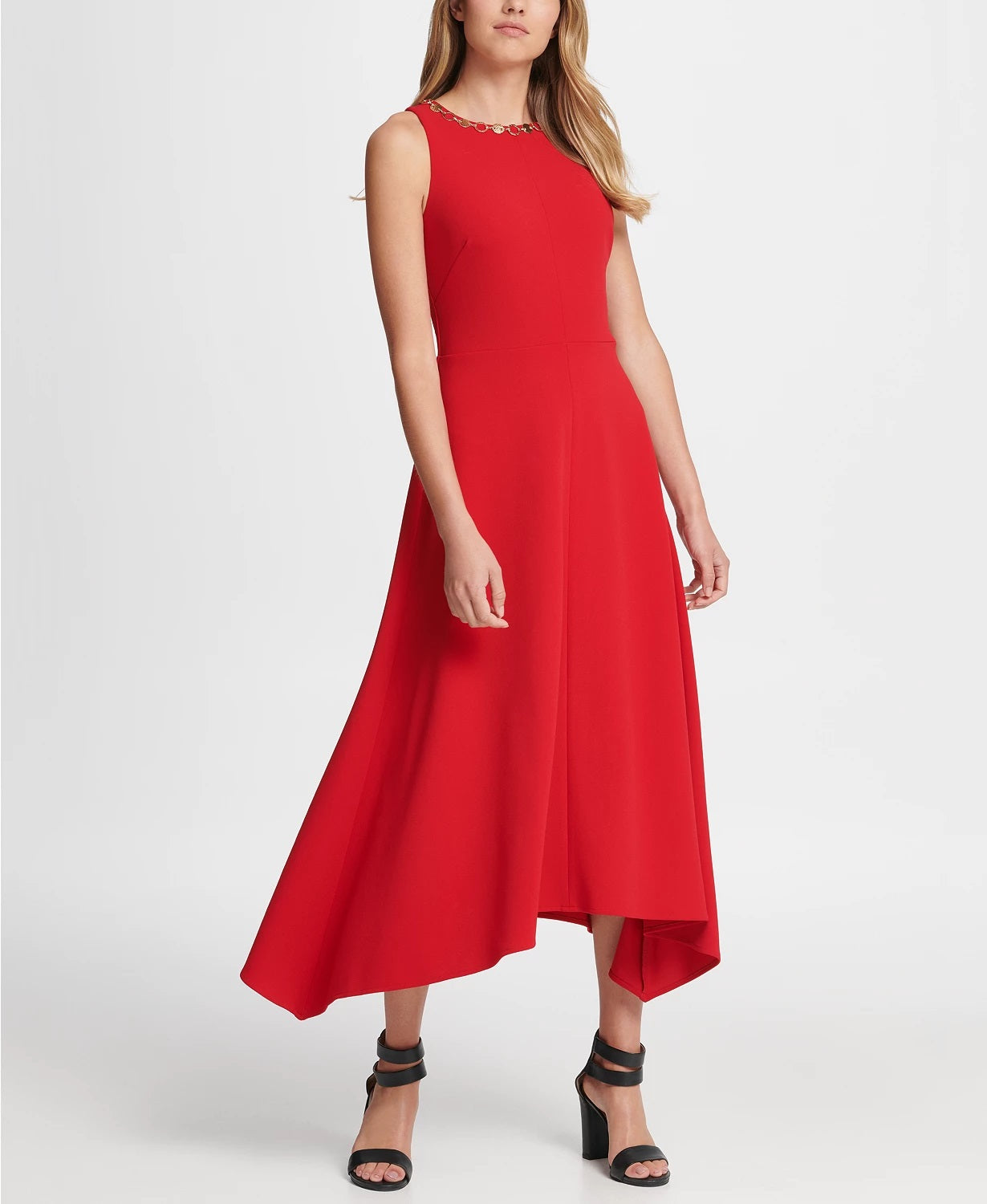 DKNY महिलाओं के लिए गोल्ड लिंक नेक ट्रिम मिडी ड्रेस लाल रंग, साइज़ 10
