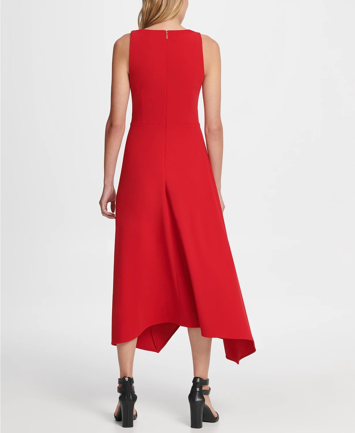 DKNY महिलाओं के लिए गोल्ड लिंक नेक ट्रिम मिडी ड्रेस लाल रंग, साइज़ 10