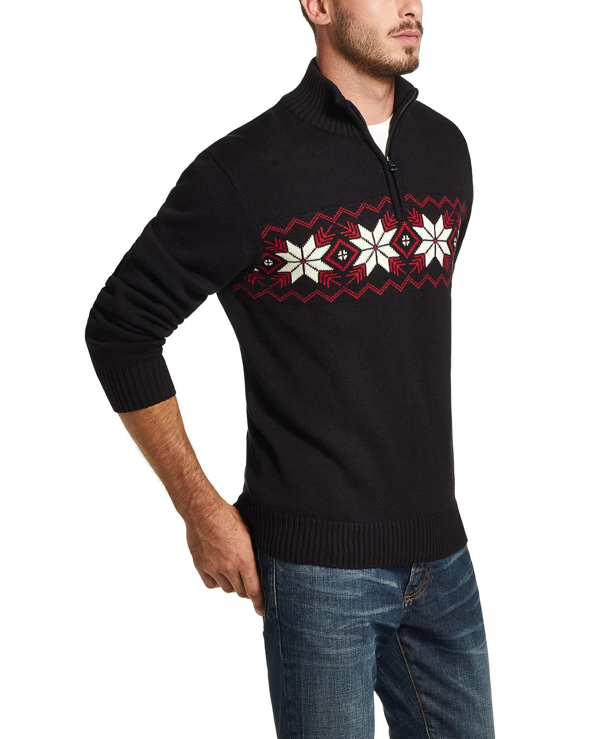 Weatherproof Vintage Men's Snowflake Quarter Zip Sweater Black Size Large