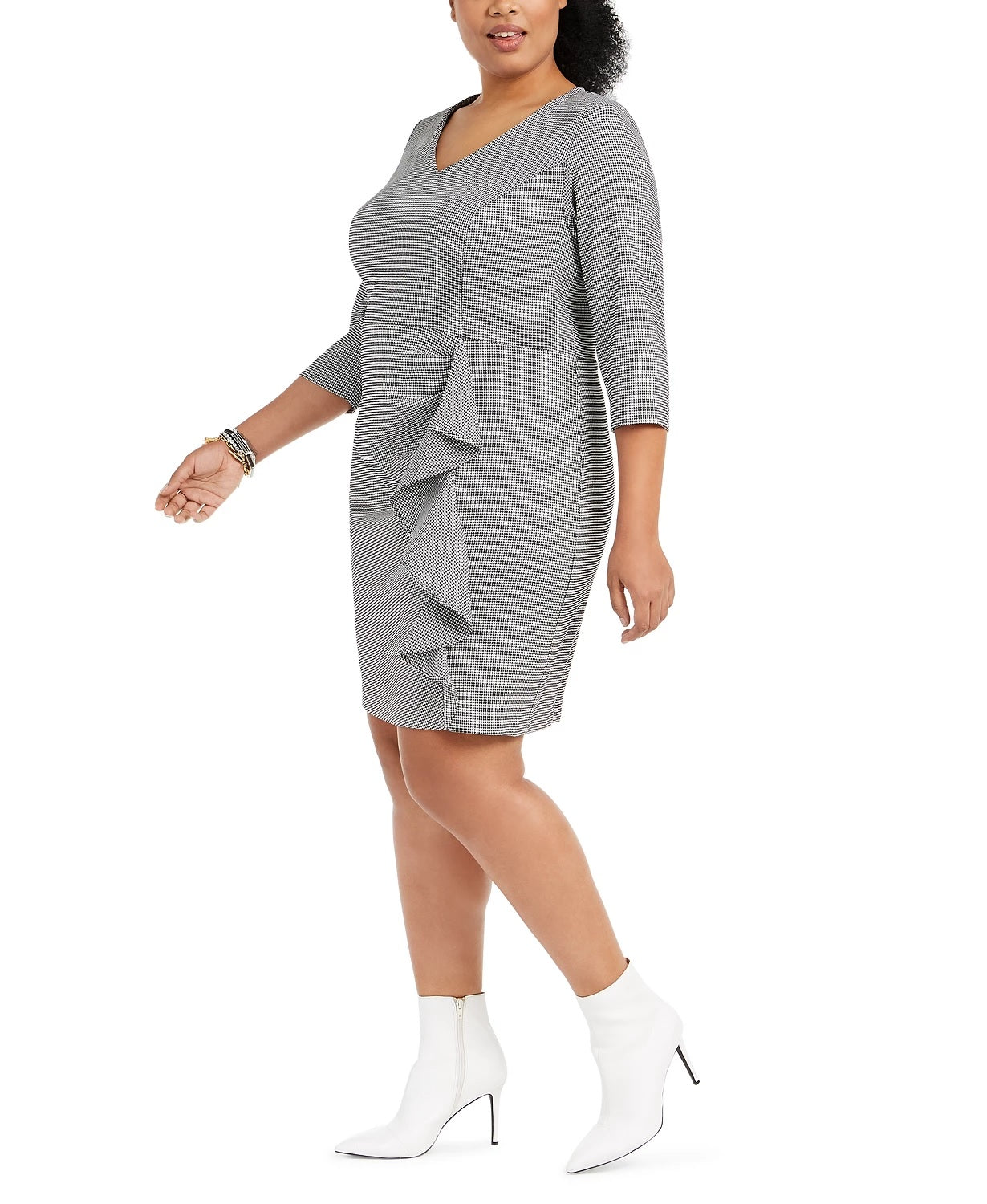 Betsey Johnson Women's Trendy Plus Size Ruffled Houndstooth Sheath Dress Gray Size 16W