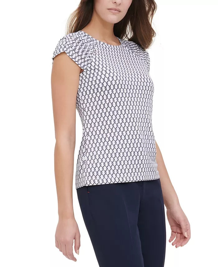 Tommy Hilfiger Women's Printed Ruched-Sleeve Top White Size X-Small