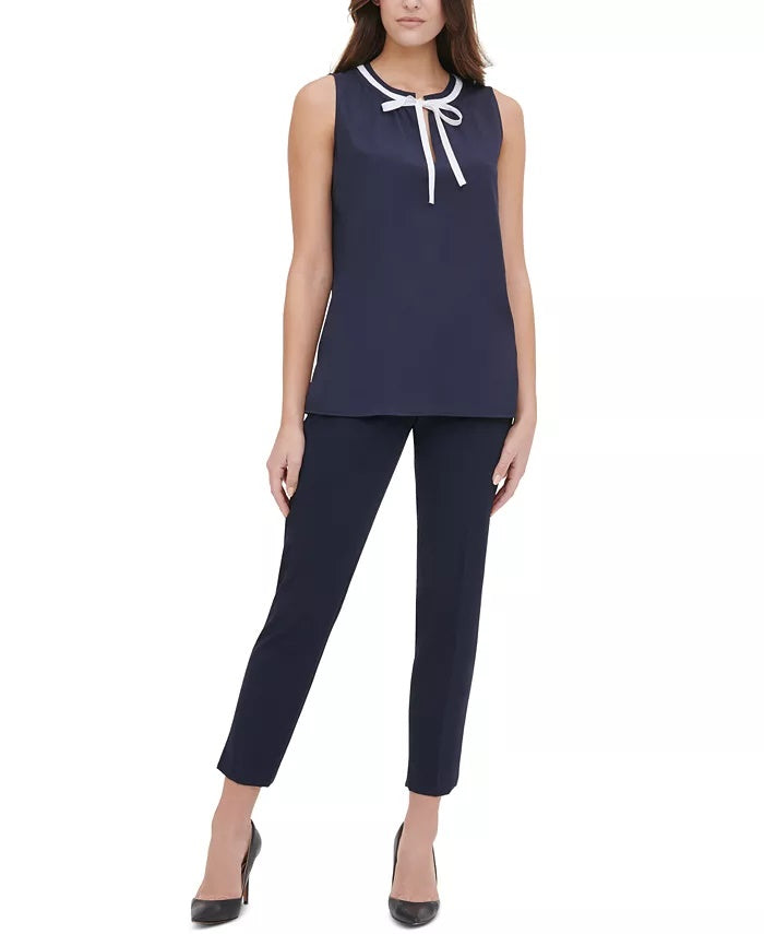 Tommy Hilfiger Women's Contrast-Trim Tie-Neck Blouse Dark Blue Size Extra Large