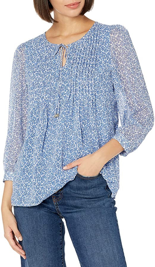 Tommy Hilfiger Women's Pintucked Printed Blouse Blue Size X-Large