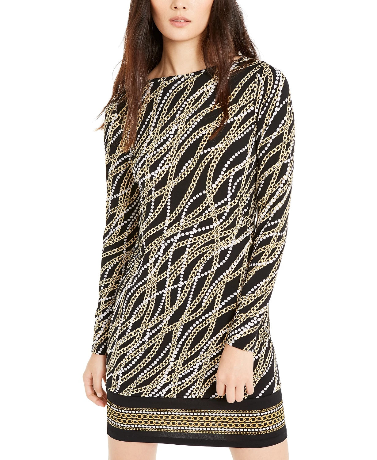 Michael Kors Women's Printed Long-Sleeve Sheath Dress Gray Size Medium