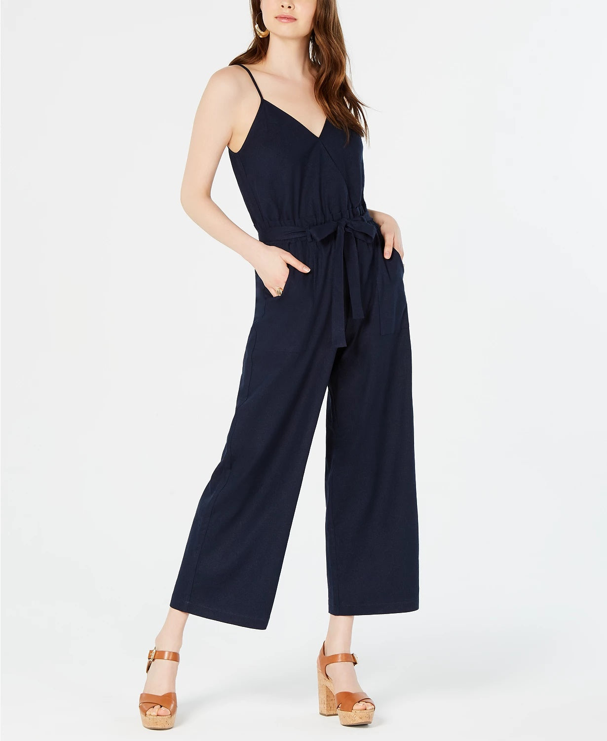Monteau Women's Petite Paperbag-Waist Wide-Leg Jumpsuit Navy Size Petite Large