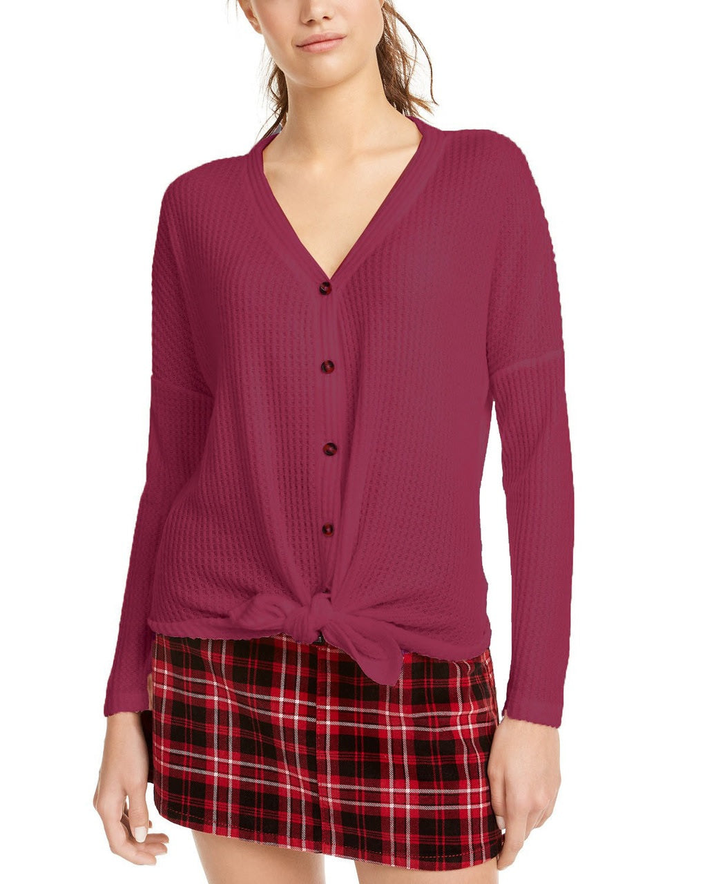 Ultra Flirt Juniors' Waffle-Knit Tie-Front Top Dark Red Size Medium