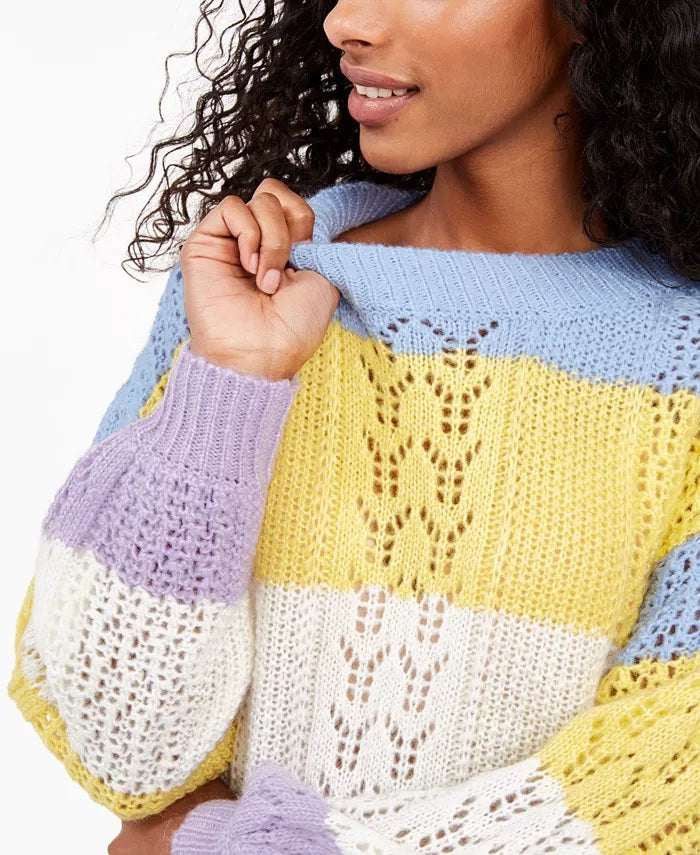 Ultra Flirt Juniors' Striped Balloon-Sleeve Sweater Blue Size Extra Large