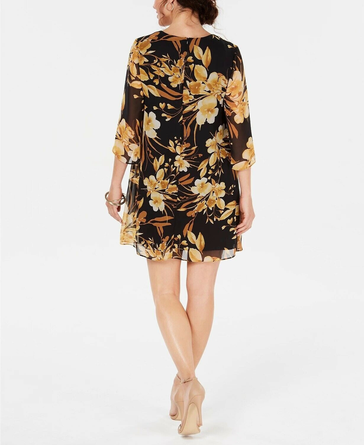 Connected Women's Floral Chiffon Keyhole Dress Dark Yellow Size 8 Petite
