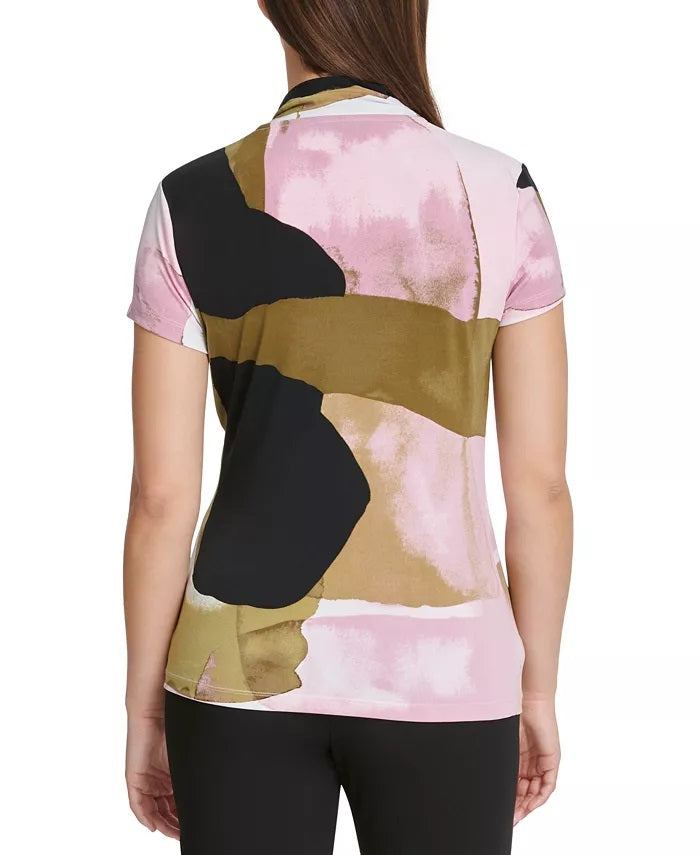 DKNY Women's Printed Surplice-Neck Top Bright Pink Size Small