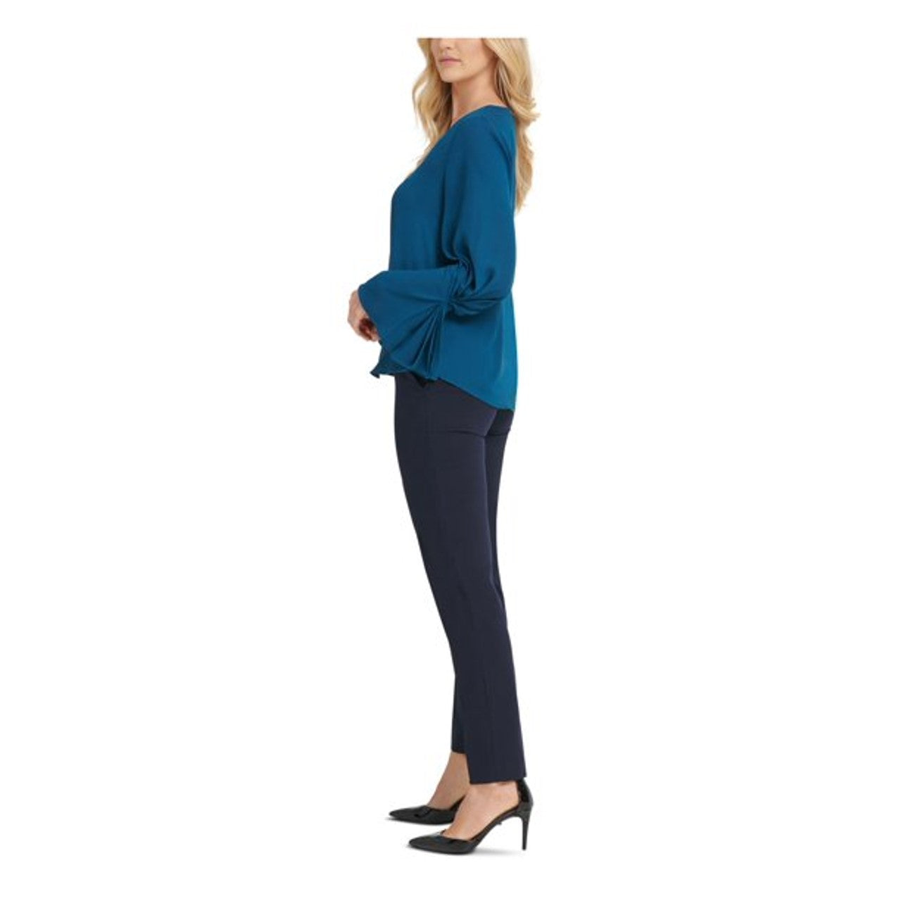 DKNY Women's Teal Gathered Long Sleeve V Neck Top Blue Size Medium