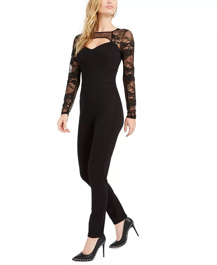 Guess Women's  Sheer Sleeve Cut-Out Jumpsuit Black Size Small