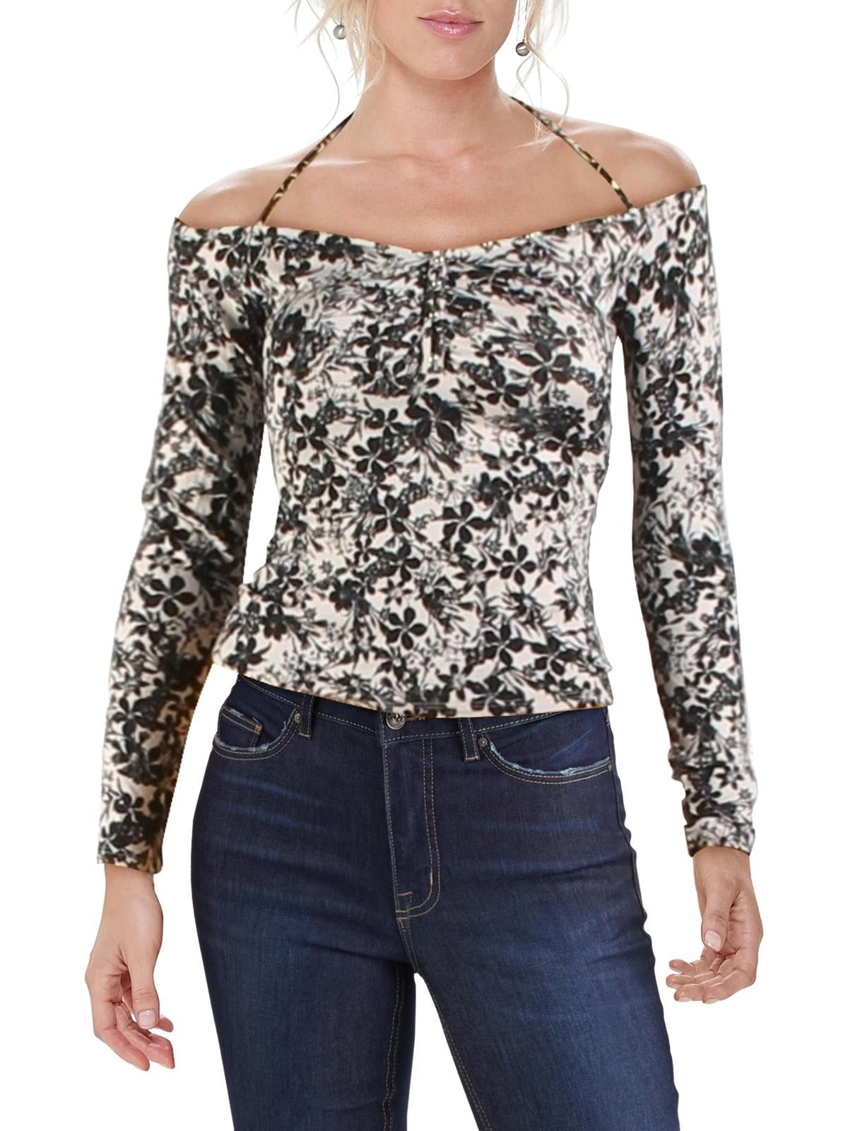 Guess Women's Julissa Printed Off-The-Shoulder Top Silver Size Small