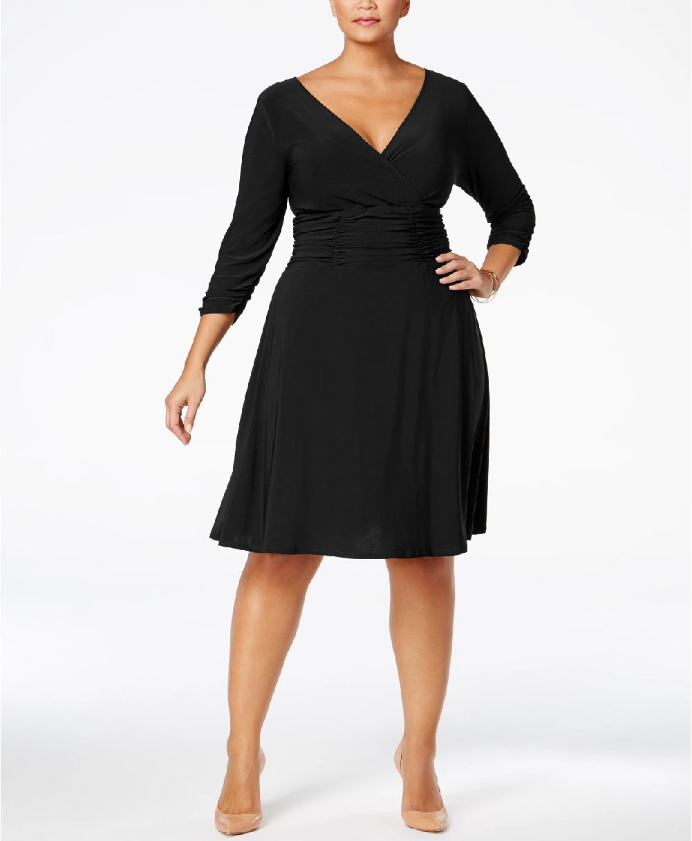 NY Collection Women's Plus Ruched A Line Dress Black Size 3X