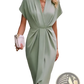 V Neck Flutter Sleeve Pleated Wrap Midi Dress