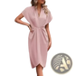 V Neck Flutter Sleeve Pleated Wrap Midi Dress