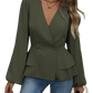 V Neck Lantern Sleeve Peplum Blazer Jacket