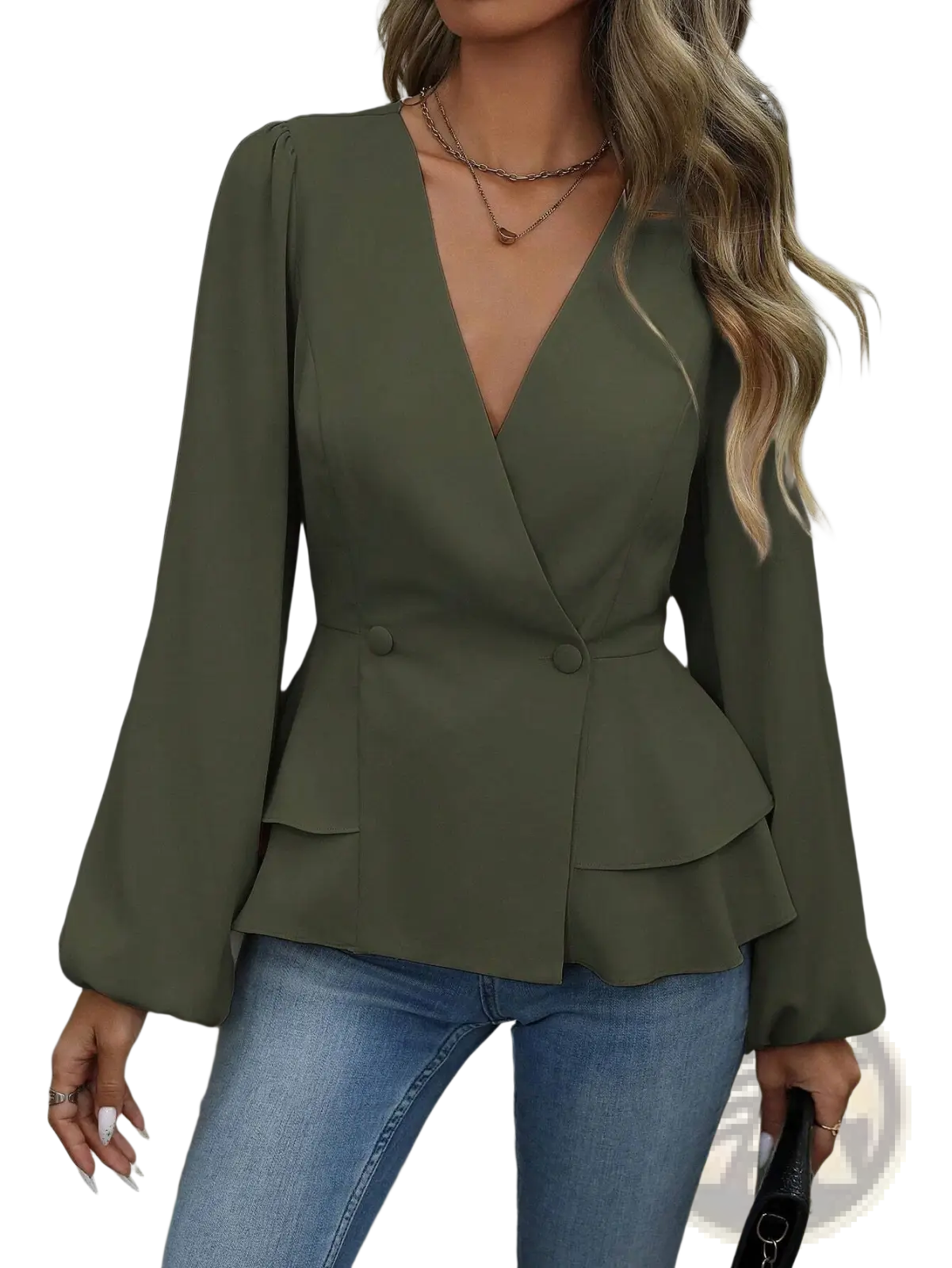V Neck Lantern Sleeve Peplum Blazer Jacket