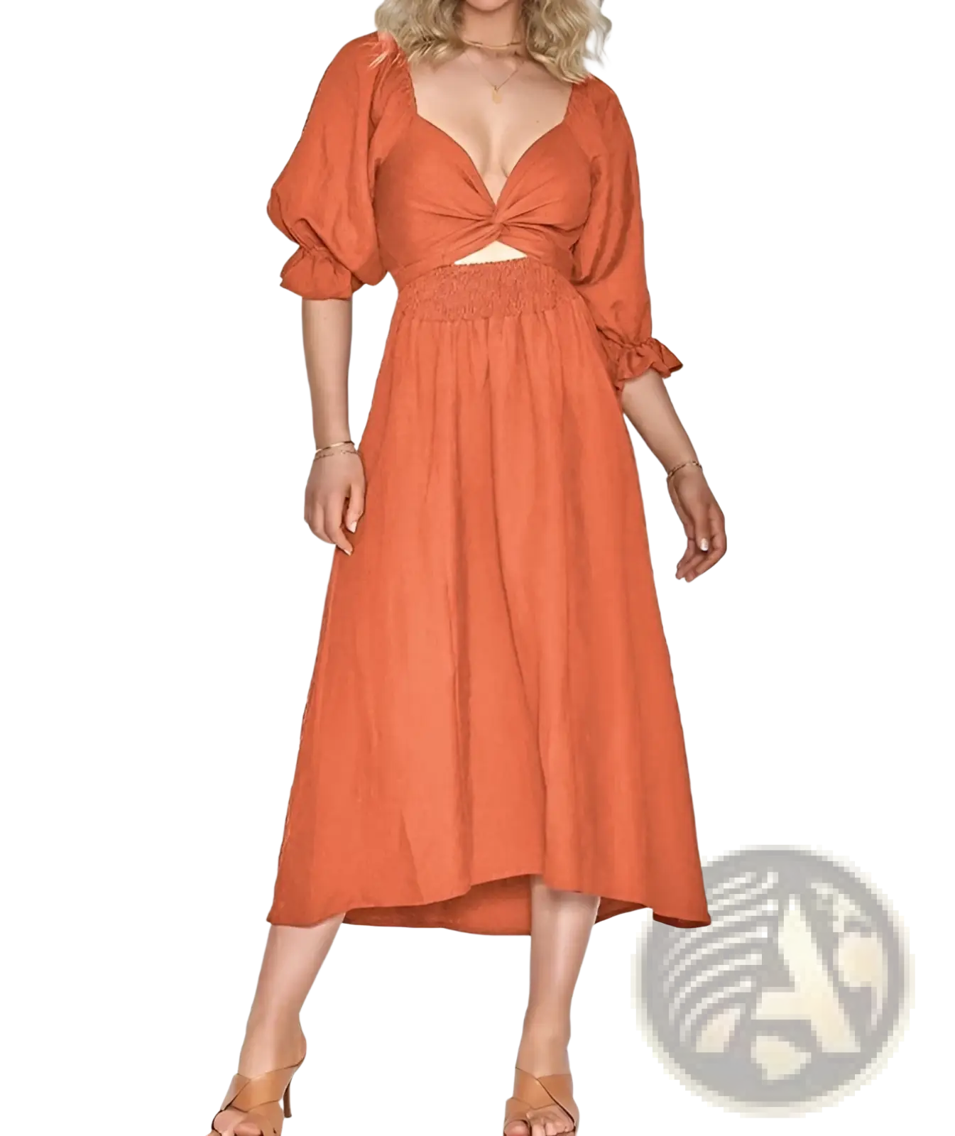 V-neck Lantern Sleeve Reversible Midi Dress