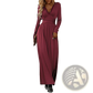 V Neck Long Sleeve Ruched Slit Maxi Dress