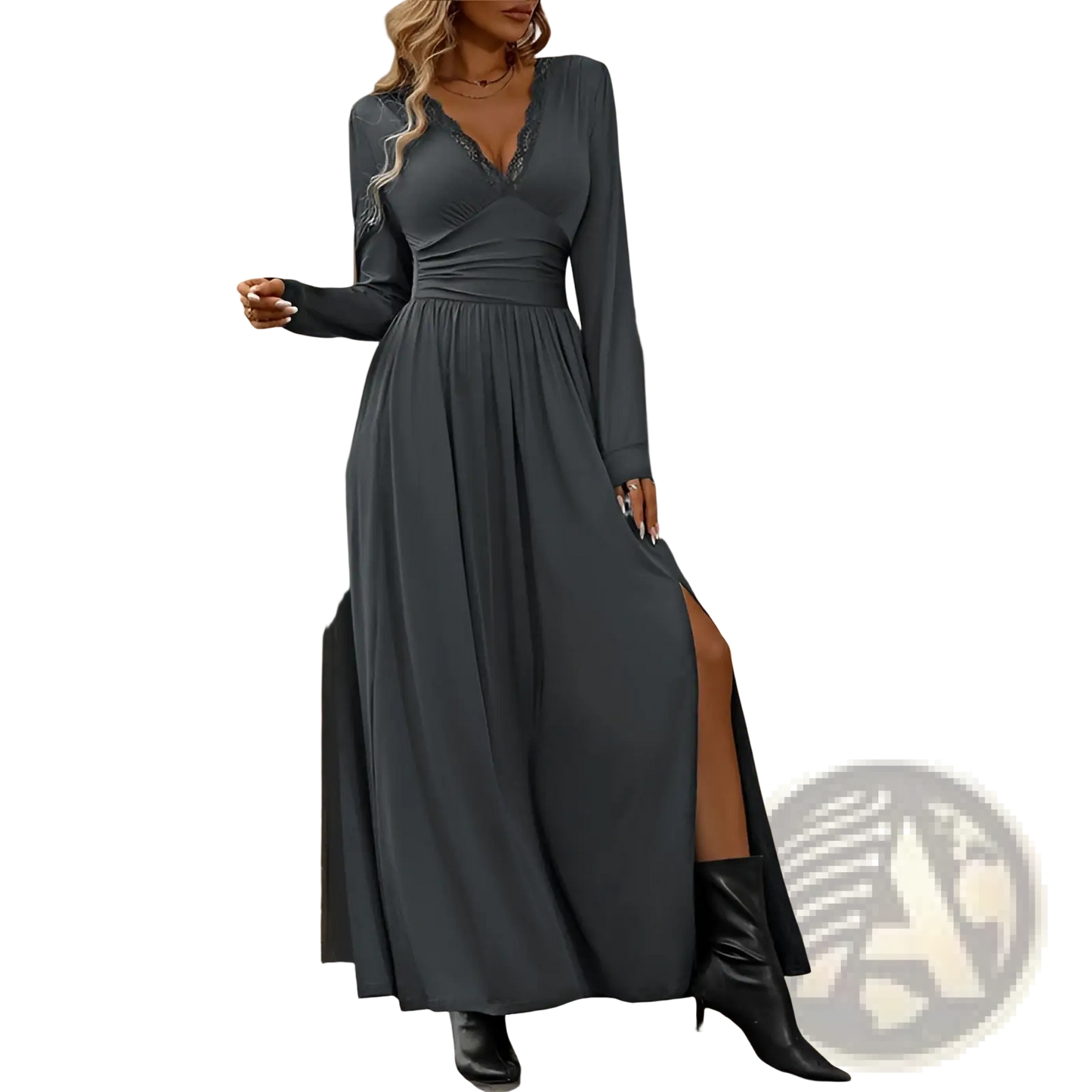 V Neck Long Sleeve Ruched Slit Maxi Dress