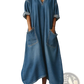 V Neck Rolled Sleeve Denim Maxi Dress with Pockets