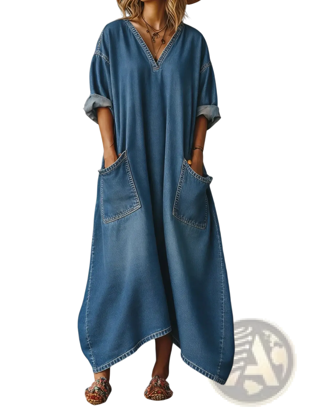 V Neck Rolled Sleeve Denim Maxi Dress with Pockets