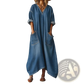 V Neck Rolled Sleeve Denim Maxi Dress with Pockets