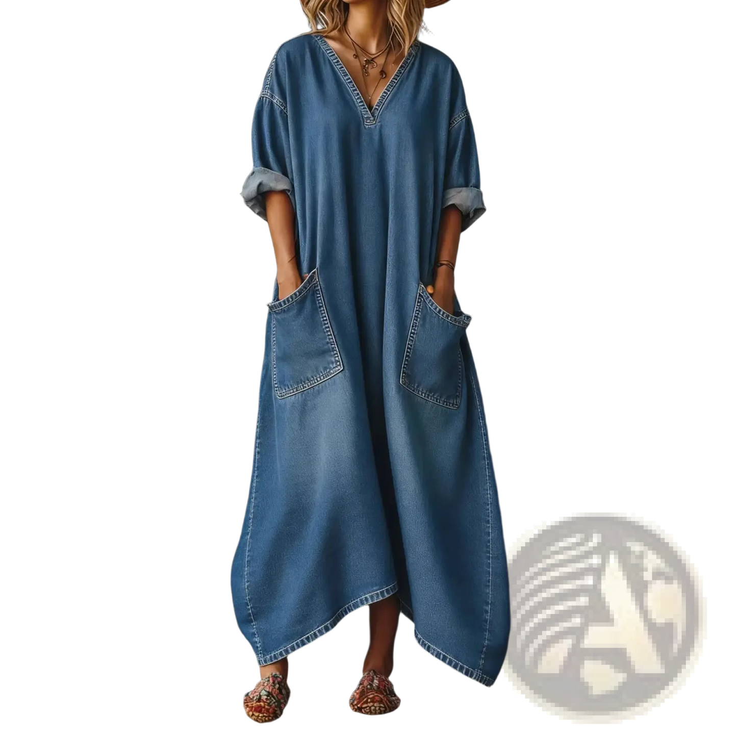 V Neck Rolled Sleeve Denim Maxi Dress with Pockets