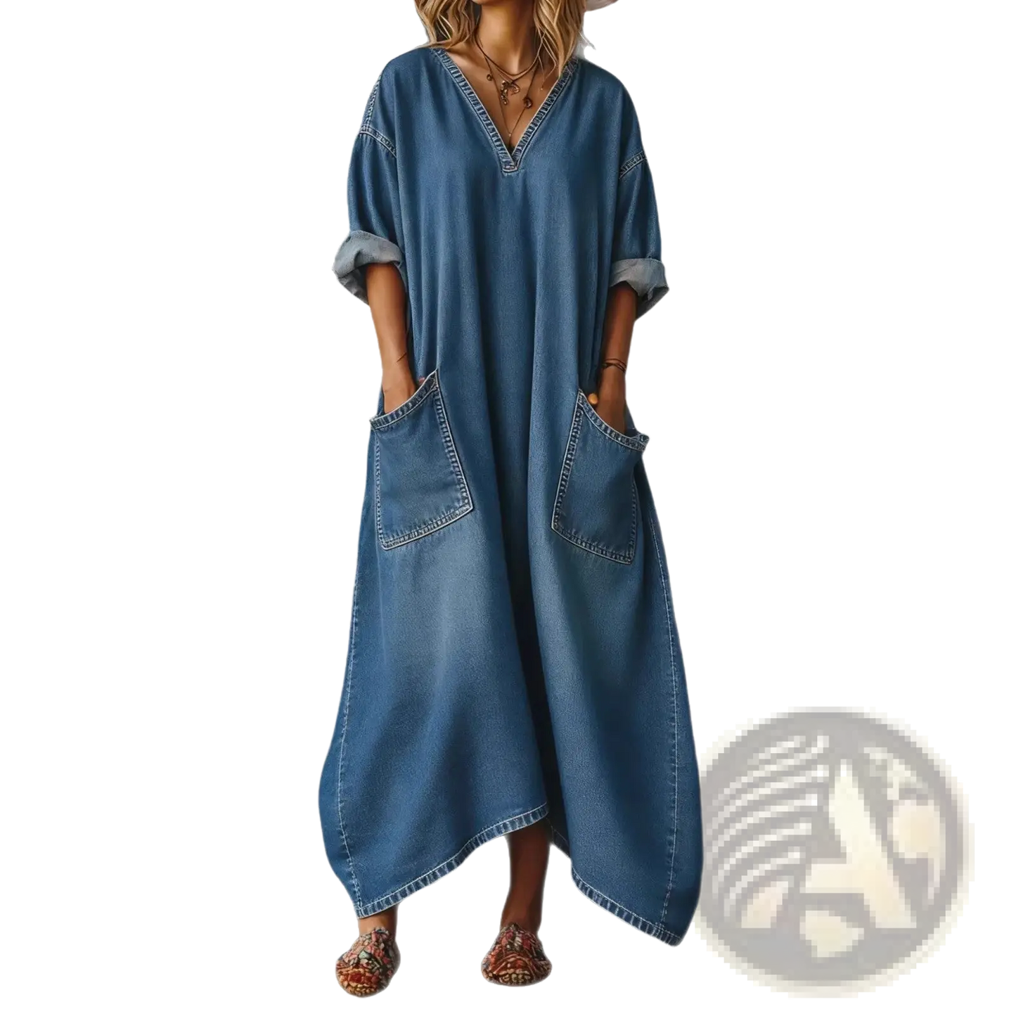 V Neck Rolled Sleeve Denim Maxi Dress with Pockets