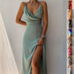 Satin v Neck High Slit Summer Maxi Dress