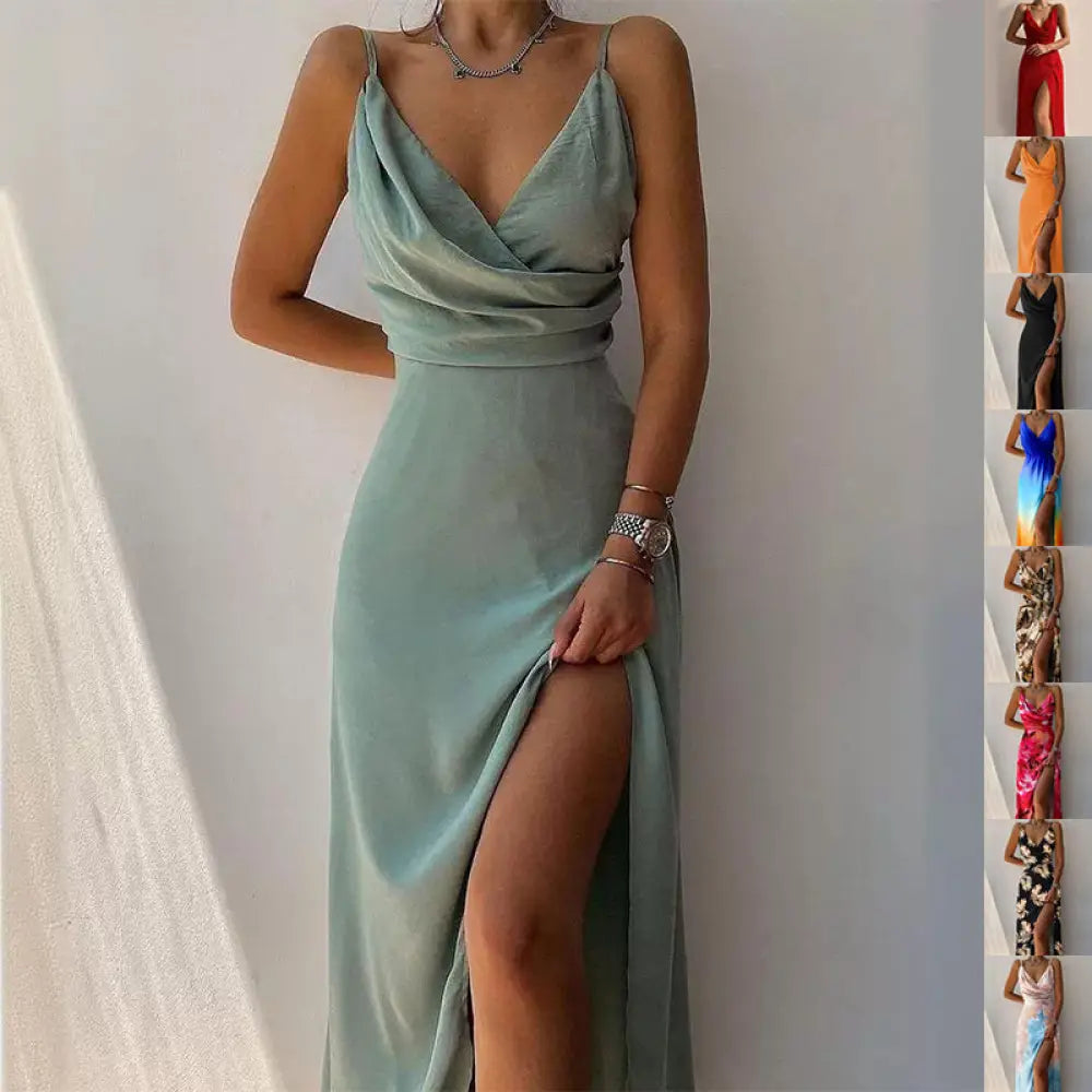 Satin v Neck High Slit Summer Maxi Dress