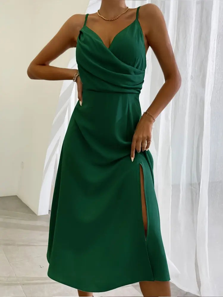 Satin v Neck High Slit Summer Maxi Dress
