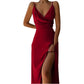 Satin v Neck High Slit Summer Maxi Dress