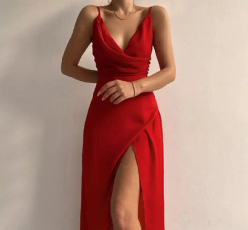 Satin v Neck High Slit Summer Maxi Dress