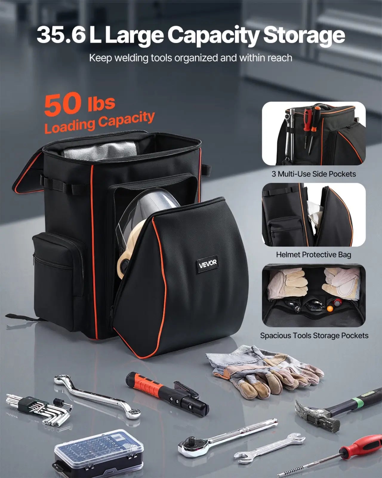 Vevor 35.6l Heavy Duty Welding Backpack with Helmet Catch Bag