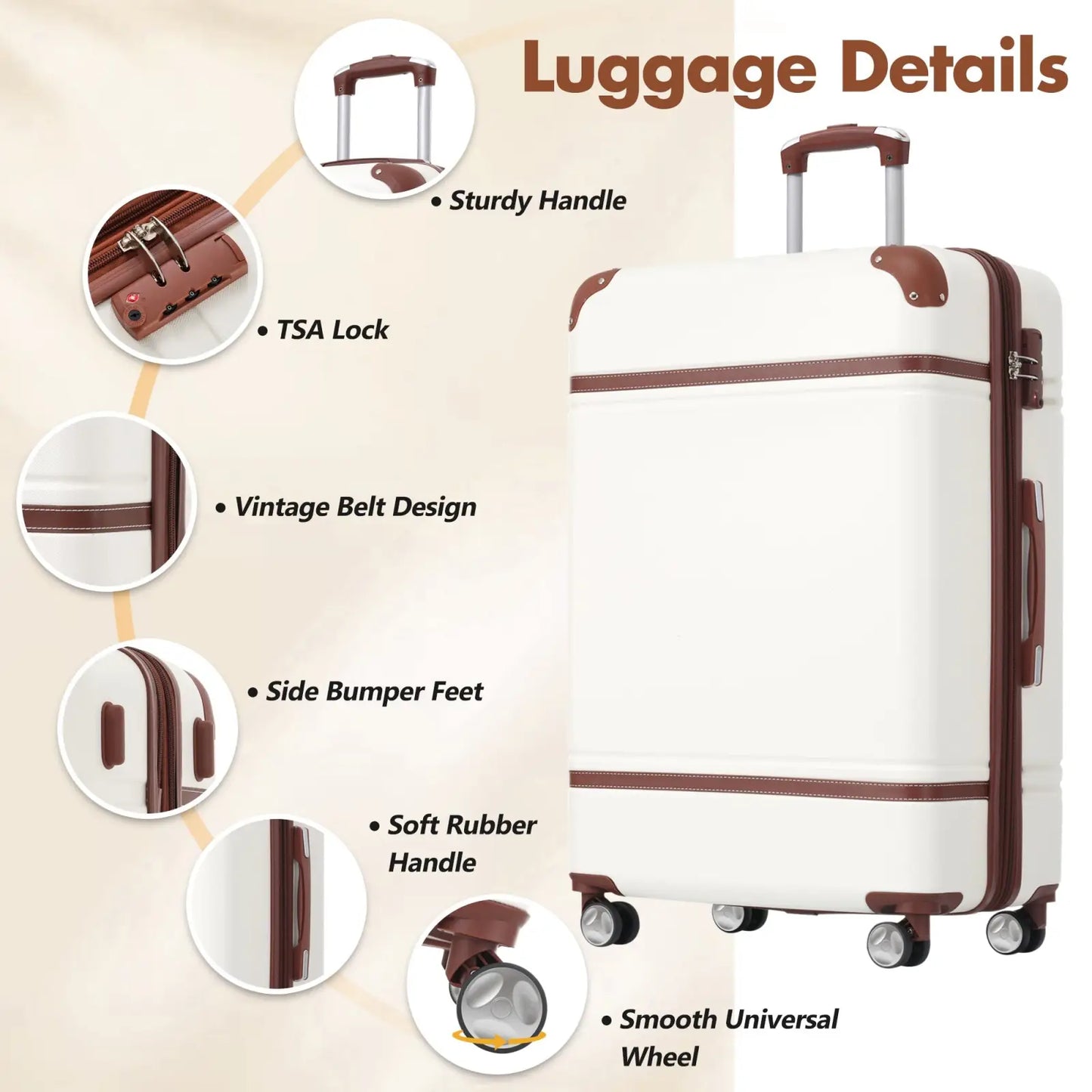 Vintage 24 Inch Hardshell Luggage Set with Tsa Lock in White