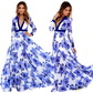 Vintage Blue Floral V-neck Maxi Dress with Navy Trim