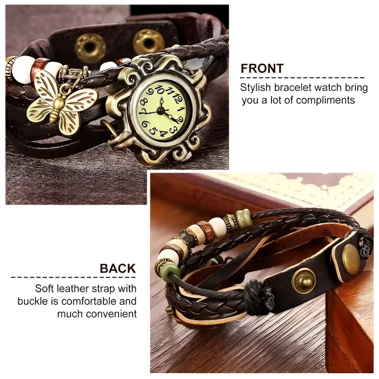 Vintage Bohemian Braided Leather Butterfly Charm Watch
