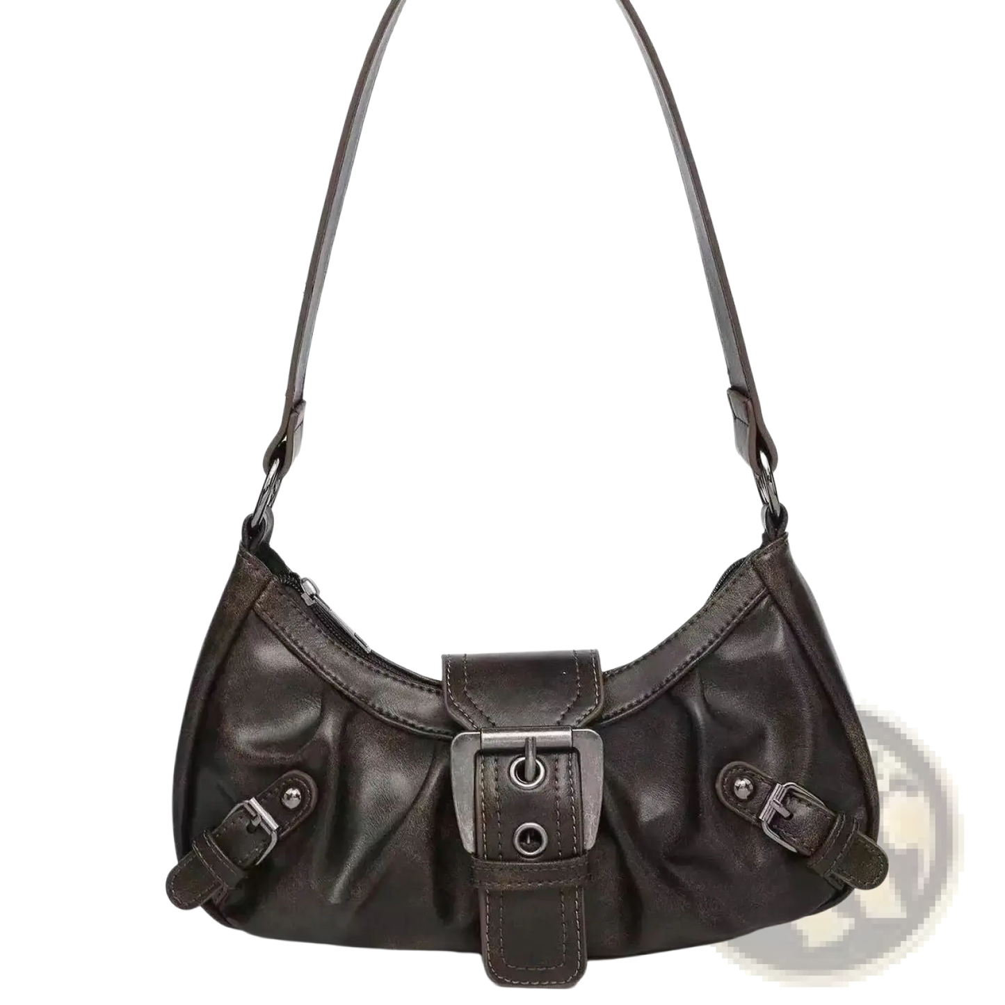 Vintage Leather Shoulder Bag with Buckle Details