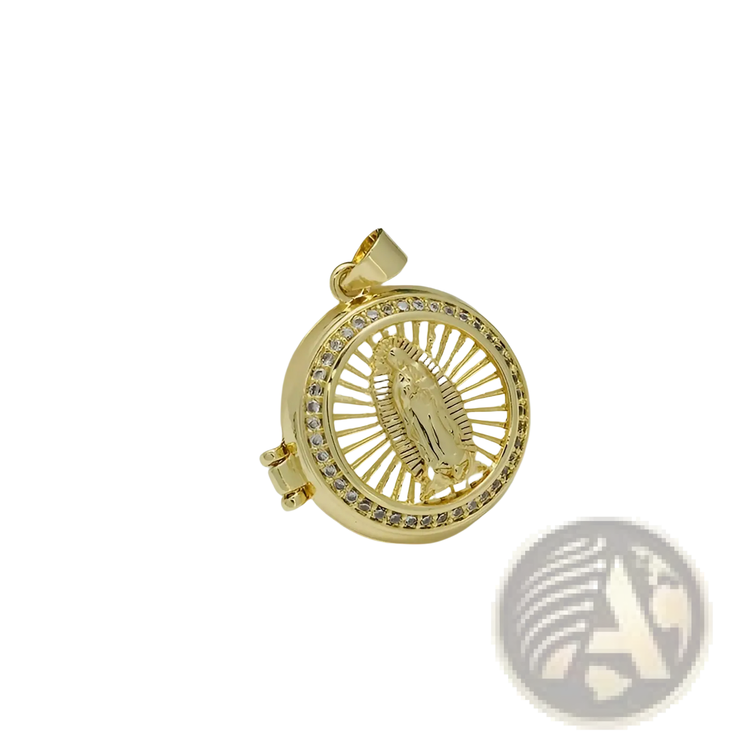 Virgin Mary Gold Locket Necklace with Inlaid Crystals