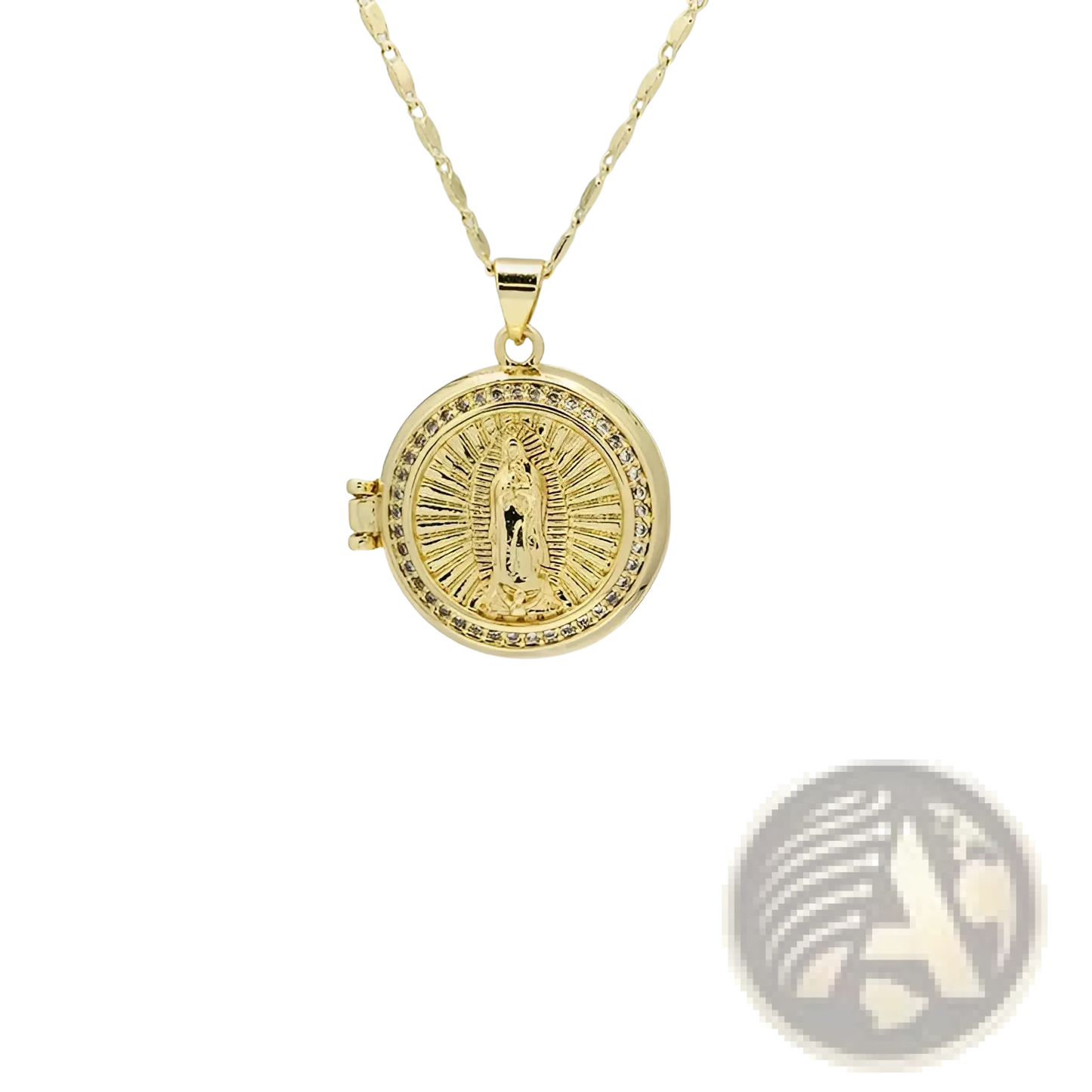 Virgin Mary Gold Locket Necklace with Inlaid Crystals
