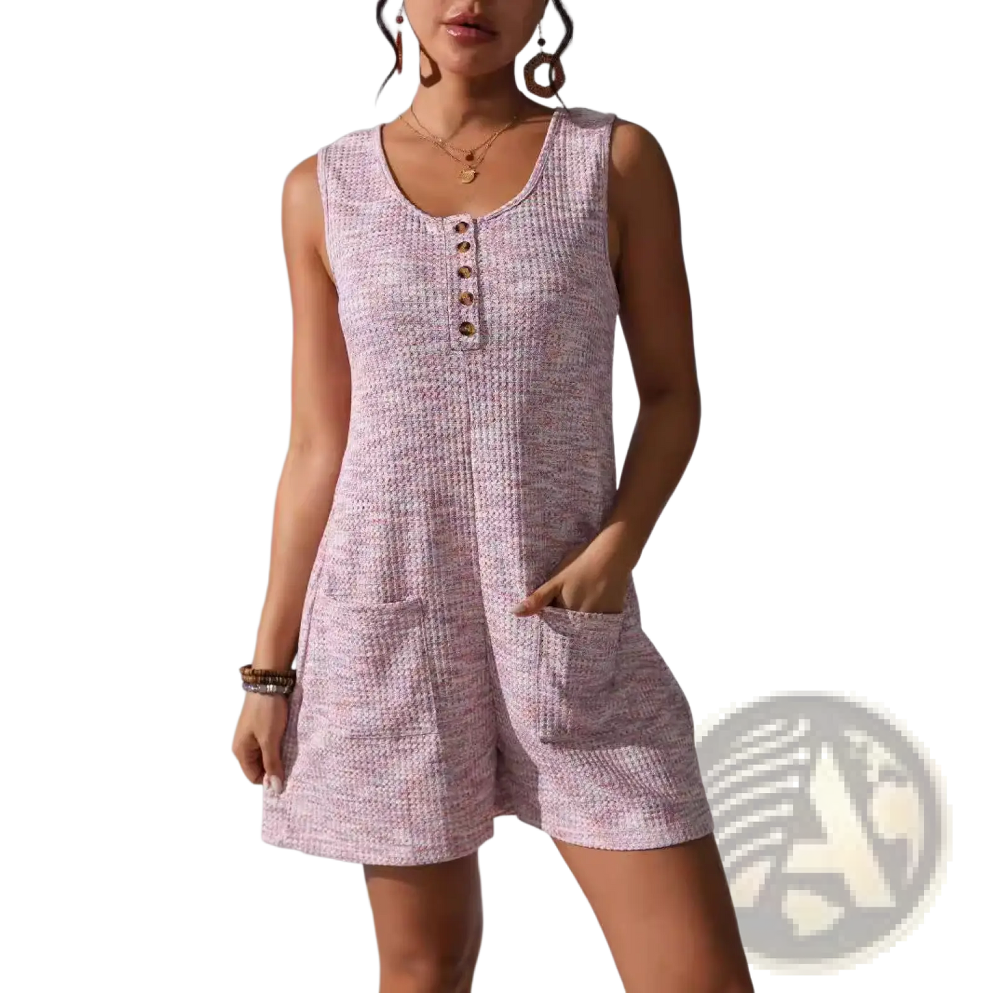 Waffle Knit Button Front Sleeveless Pocket Jumpsuit