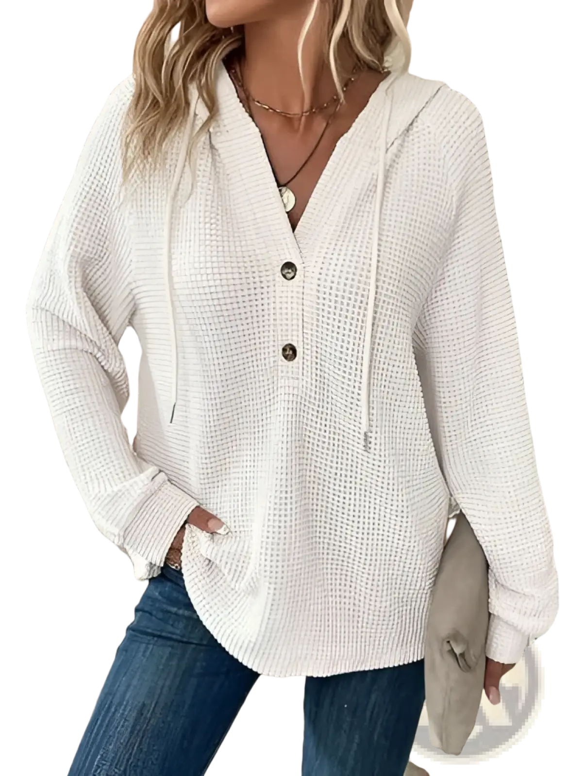Waffle Knit v Neck Button Front Hoodie