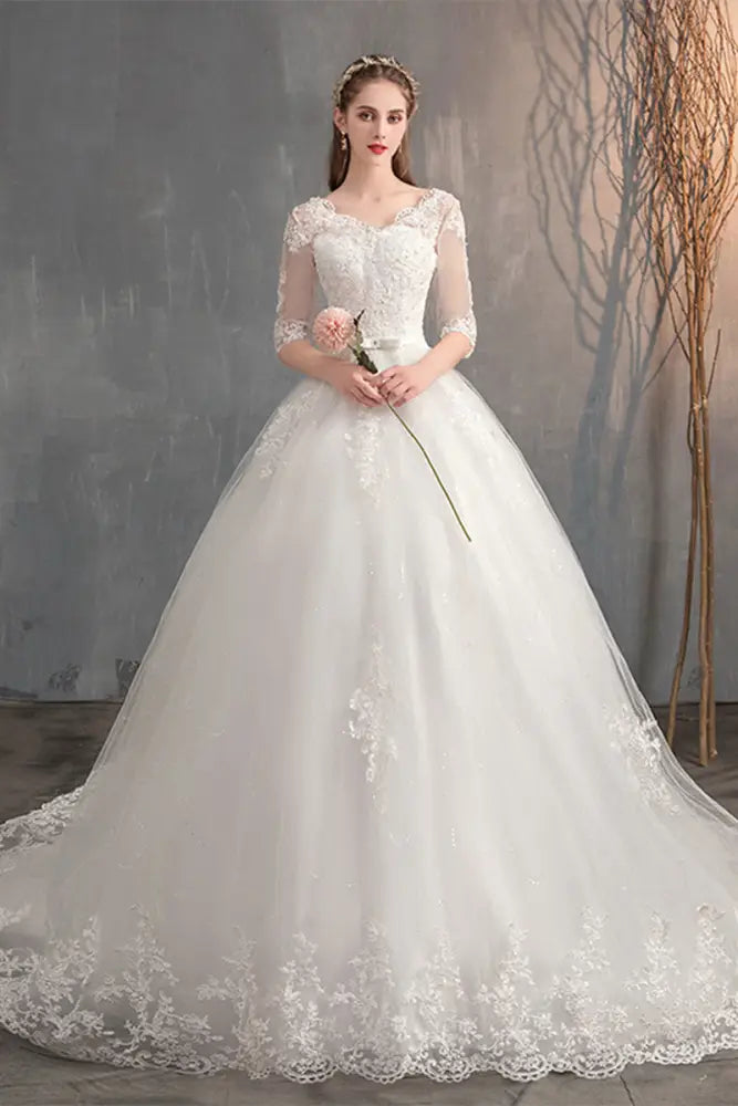 Lace v Neck High Waist Wedding Dress with Trailing Sleeves