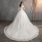 Lace v Neck High Waist Wedding Dress with Trailing Sleeves