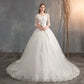 Lace v Neck High Waist Wedding Dress with Trailing Sleeves