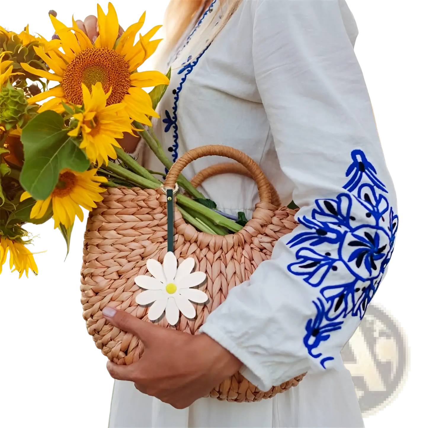 White Daisy Leather Bag Charm Keychain Pendant