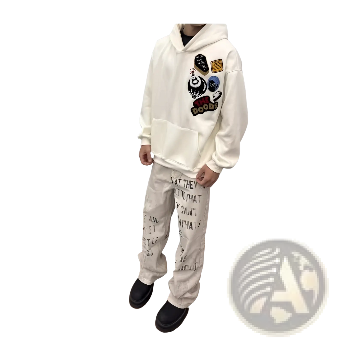 Off White Distressed Graffiti Print Cargo Jeans