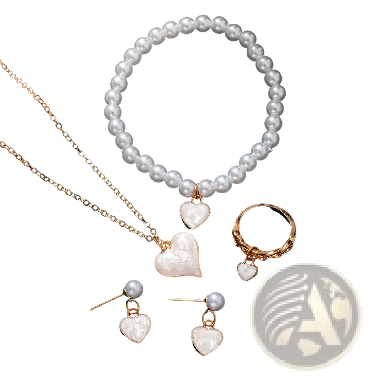 White Heart and Pearl Gold Jewelry Four Piece Set