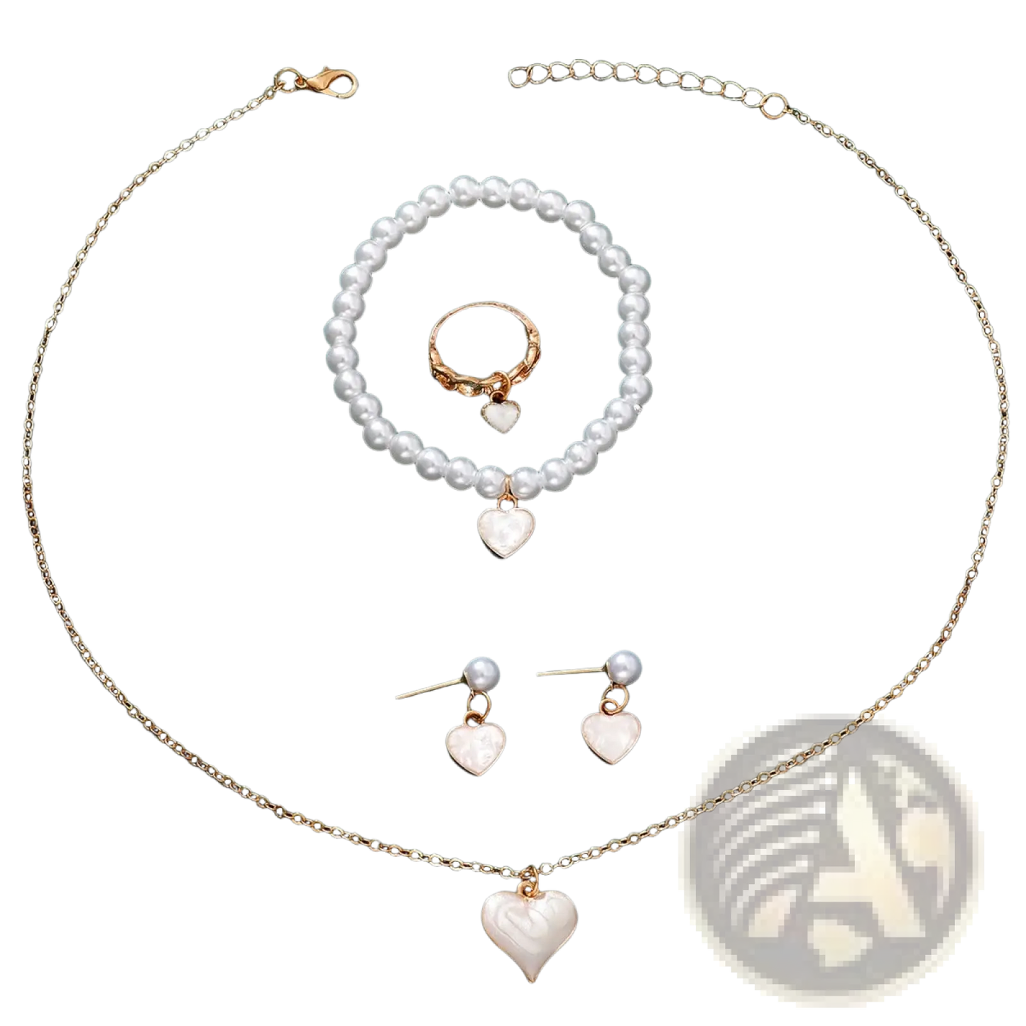 White Heart and Pearl Gold Jewelry Four Piece Set